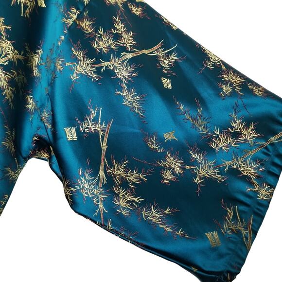Old Shanghai VTG Asian Blue Gold Kimono Robe 3/4 Sleeves Pockets One Size - Picture 6 of 8